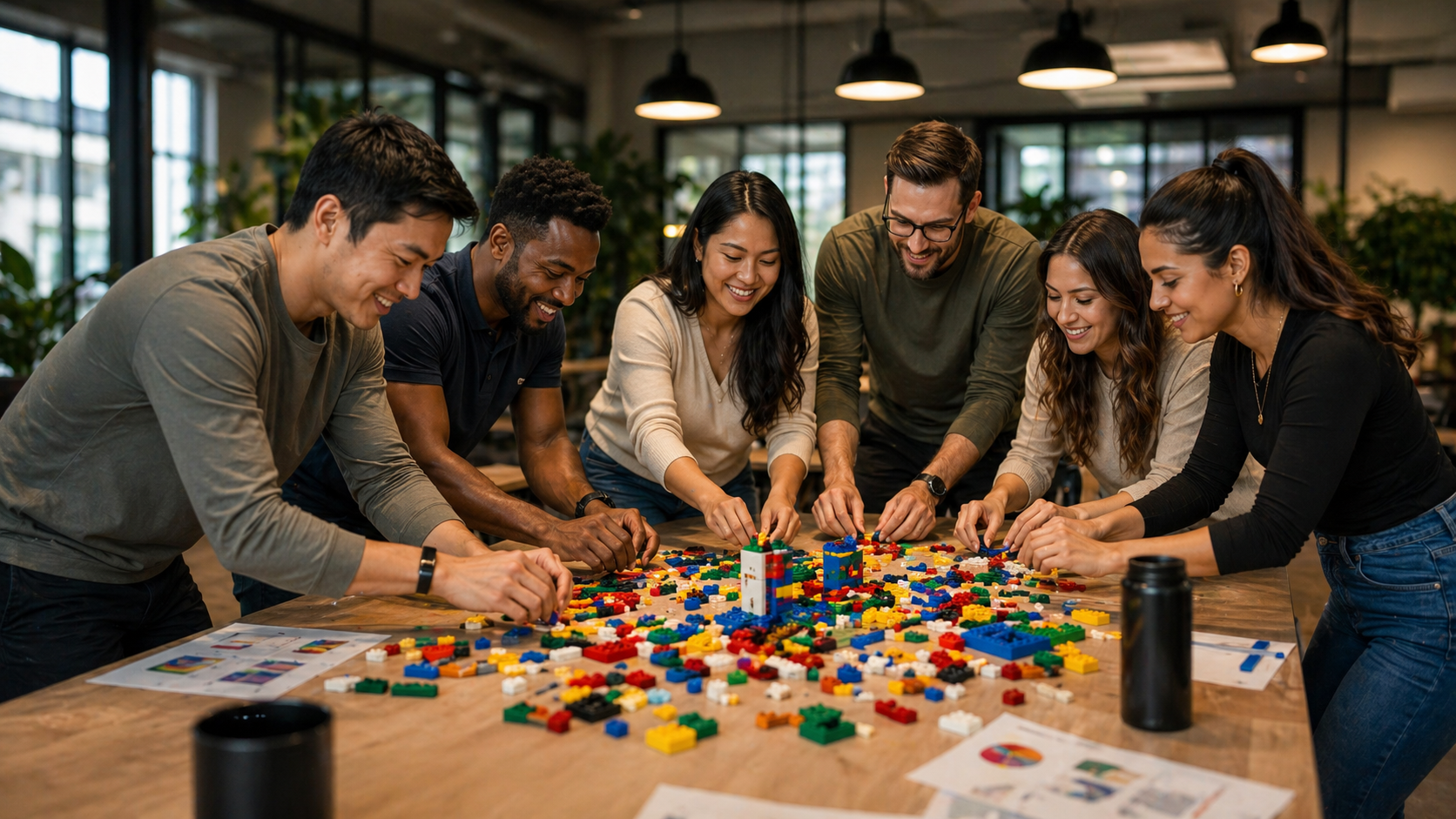 Diverse team working together on a creative building challenge